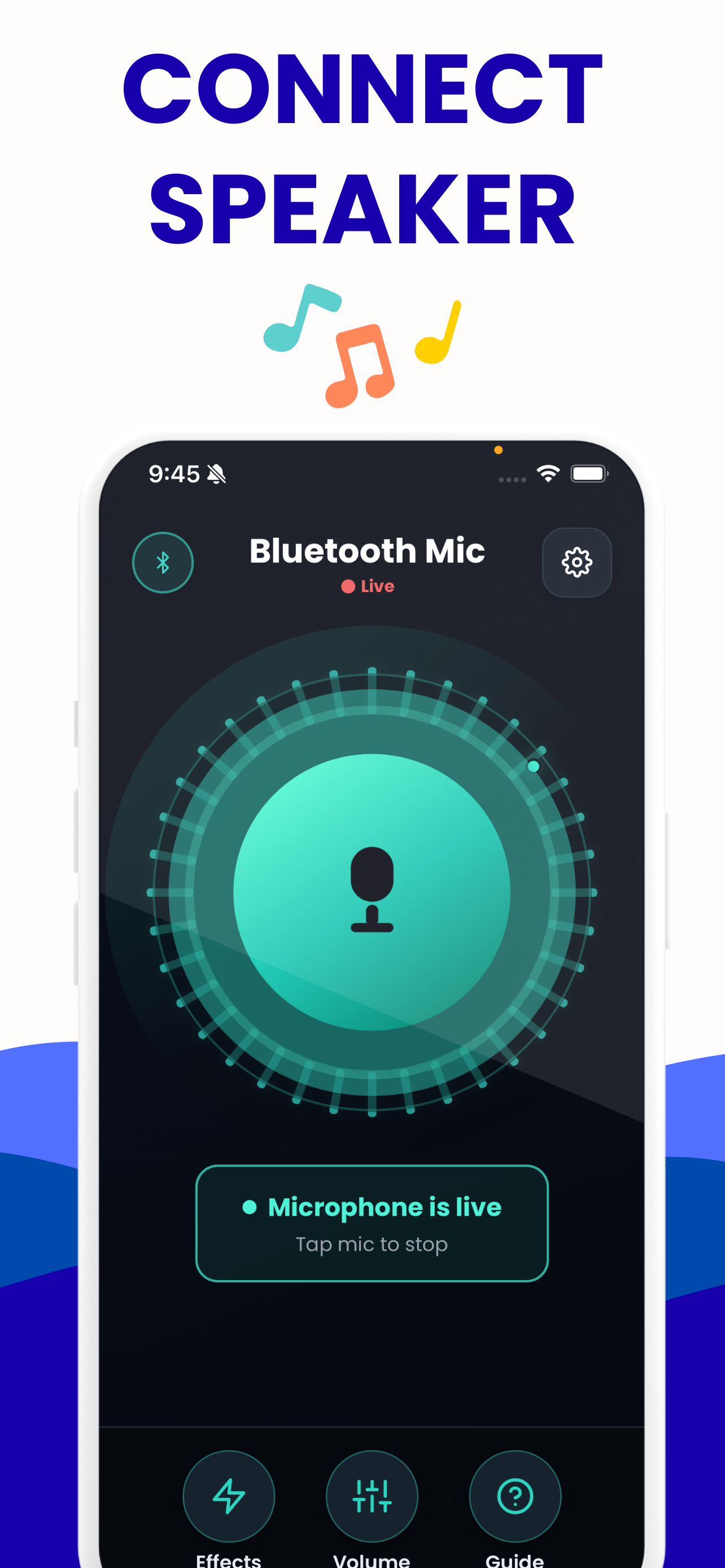 Bluetooth Mic while live, showing an animated ring of level bars around the microphone button