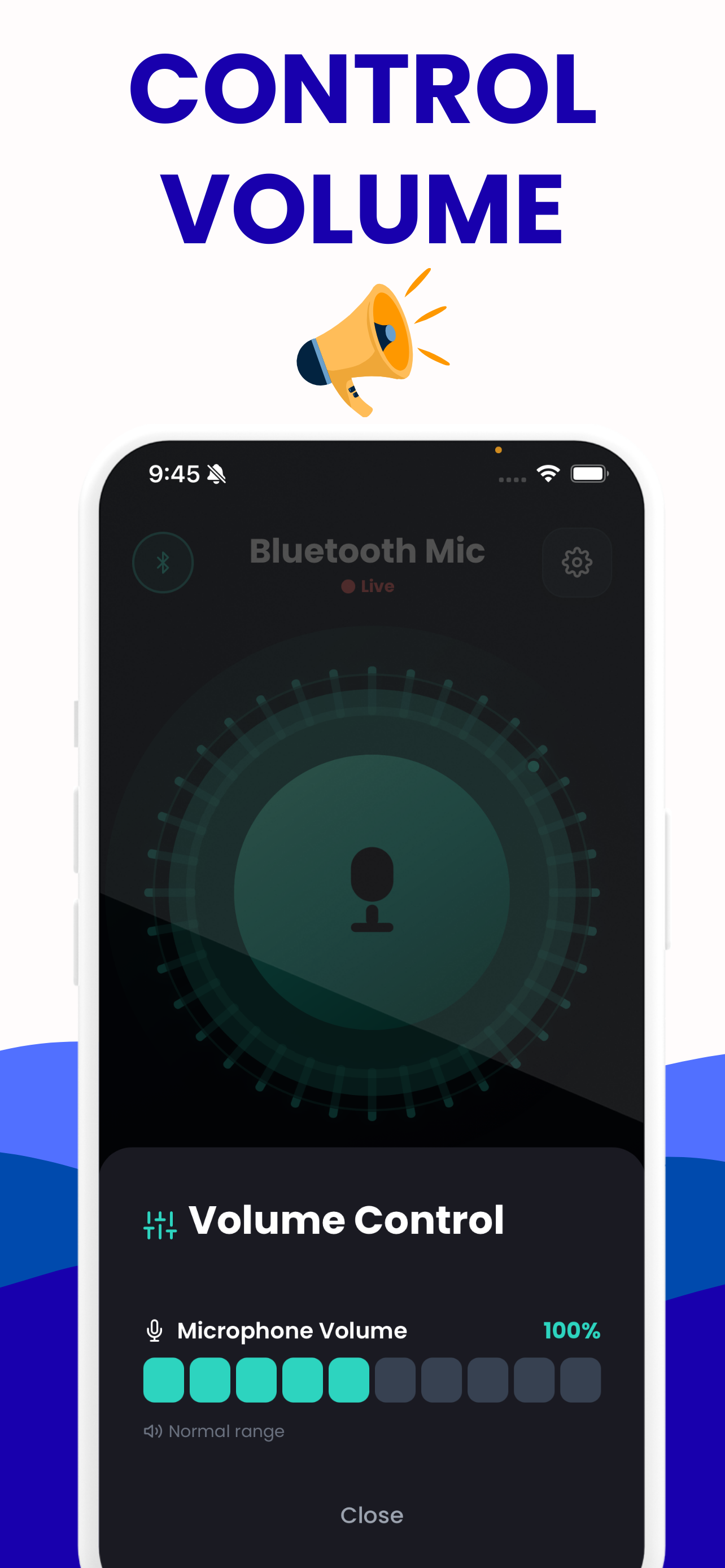 Bluetooth Mic volume control panel showing microphone volume at 100 percent
