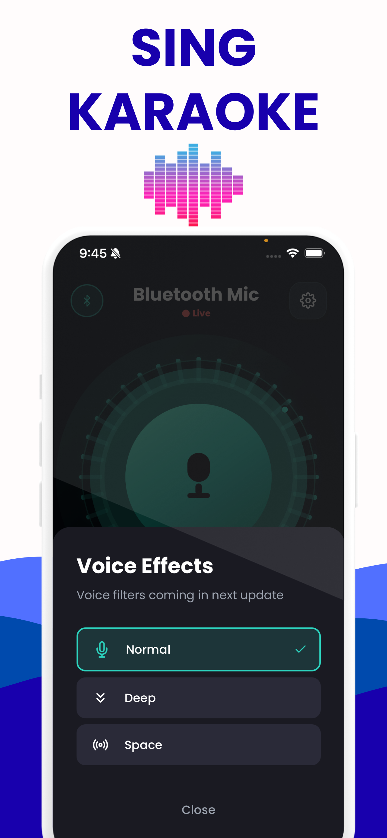Bluetooth Mic voice effects panel listing Normal, Deep and Space presets