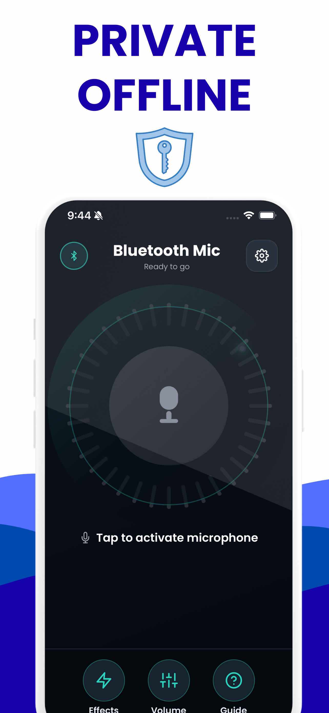 Bluetooth Mic ready screen with a large microphone button and the caption Tap to activate microphone